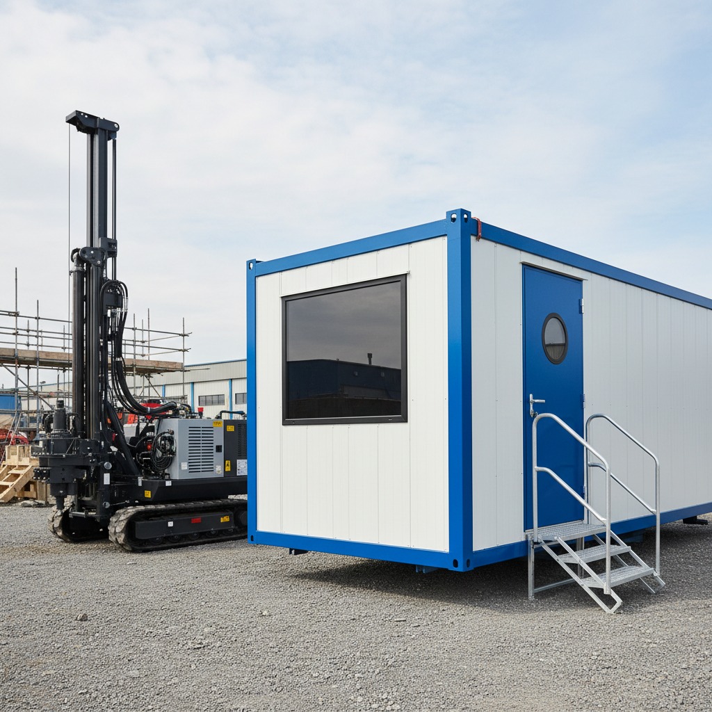 generate me a photo of a clean welfare cabin, typically used in construction, place it on the ground, place one small drill rig behind it